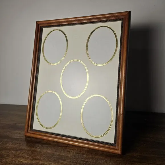 Vintage Collage 5 Photo Wood Picture Frame Oval Openings Gold Matting 12