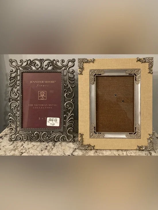 2 Ornate Picture Frames, Silver Toned, Scroll, Burlap