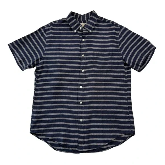 J.Crew 100% Linen Button Down Shirt SS Blue Gray Stripe Fisherman Coastal Mens M
