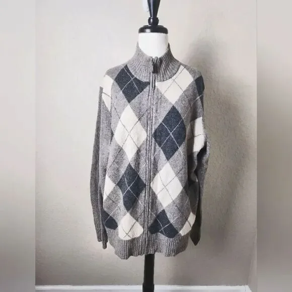 J. Crew Lambwools Argyle Zip-Up Elbow Patch Sweater Cardigan Gray  Size L