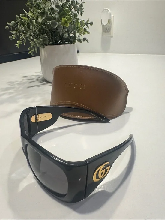 Gucci Black Shield Sunglasses with Gold GG Emblem
