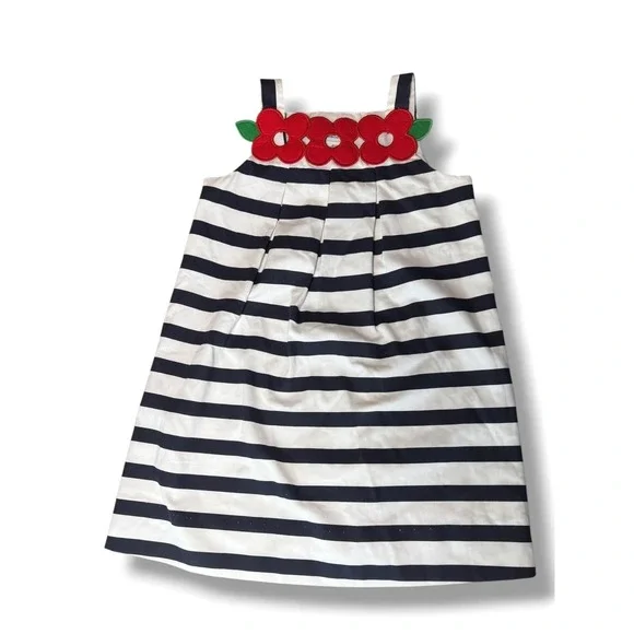 Florence Eiseman Dress Kids 5 Navy White Striped Flower Applique Nautical Summer