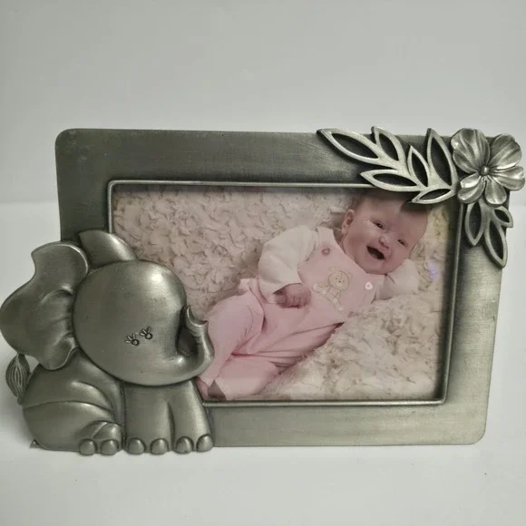Vintage Fetco Metal Baby Picture Frame 4x6 Elephant Flower Silver Pewter Finish
