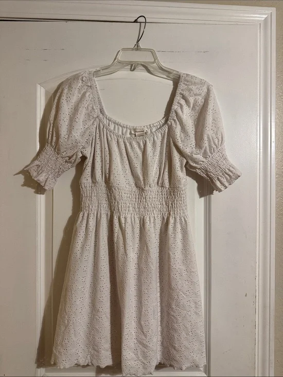 URBAN Romantics White Eyelet Smocked-Waist Puff Sleeve Dress