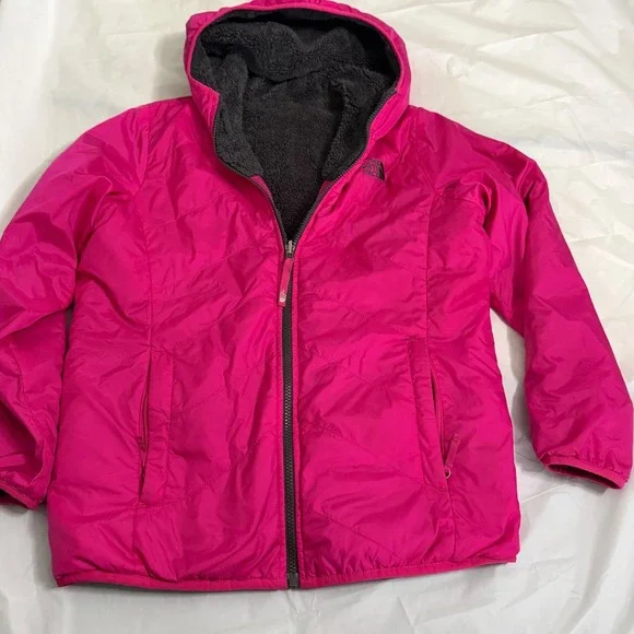 The North Face Girls Mossbud Swirl Reversible Hooded Puffer Jacket Pink XL 18