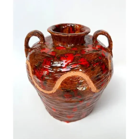 Vintage Studio Pottery Amphora Vase, Red Lava Glaze, Signed SL