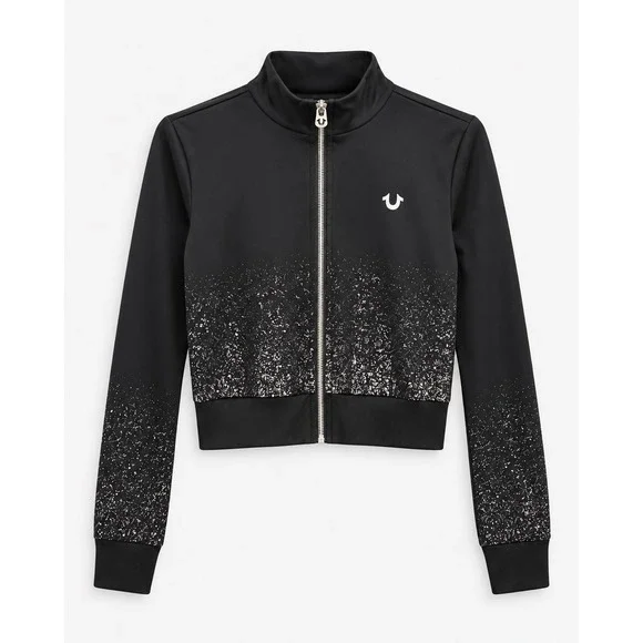 True Religion Girls Black Silver Ombre Foil Splatter Track Jacket Mock Neck M/M