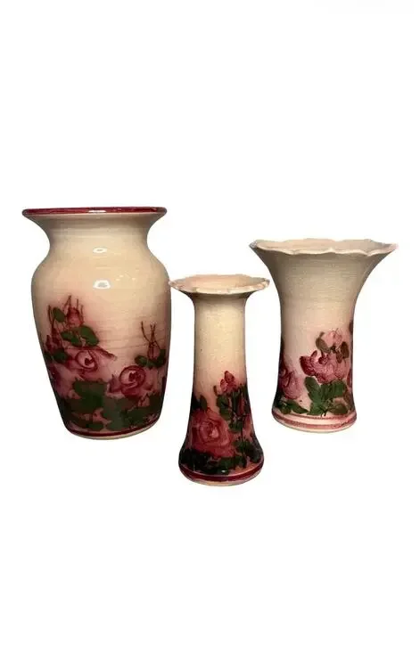Hand-Painted Rose Motif Studio Pottery Vases — Set of 3, Signed Artist Mark Mj