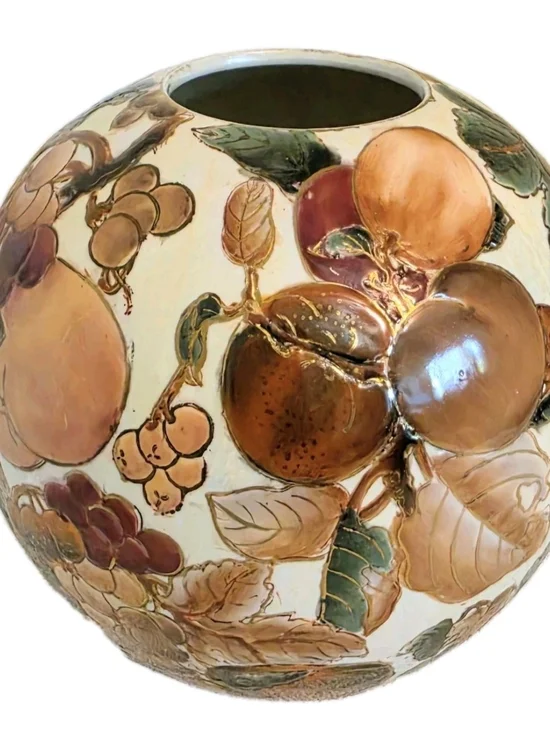TOYO Vase Round 6.5” Fruit Gold Handpainted Fall French Country Floral