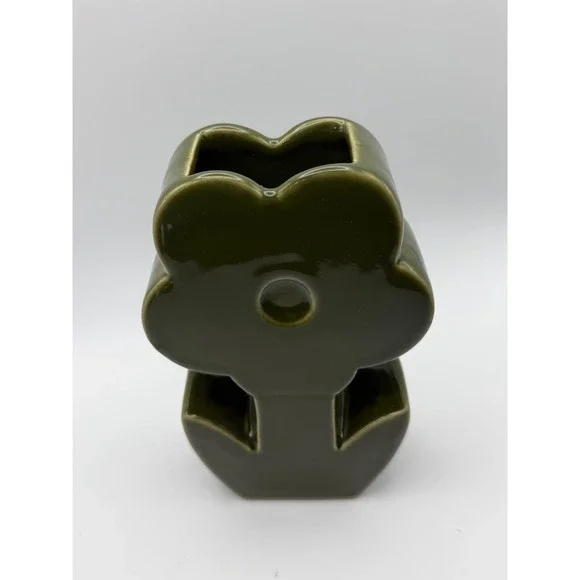 Olive Green Flower‎ Shaped Ceramic Vase MCM Style Decor 6.25