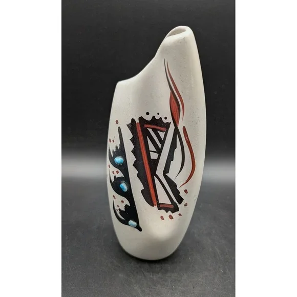 Signed Southwest Ceramic Art Pottery Vase Turquoise Accents White Black 8