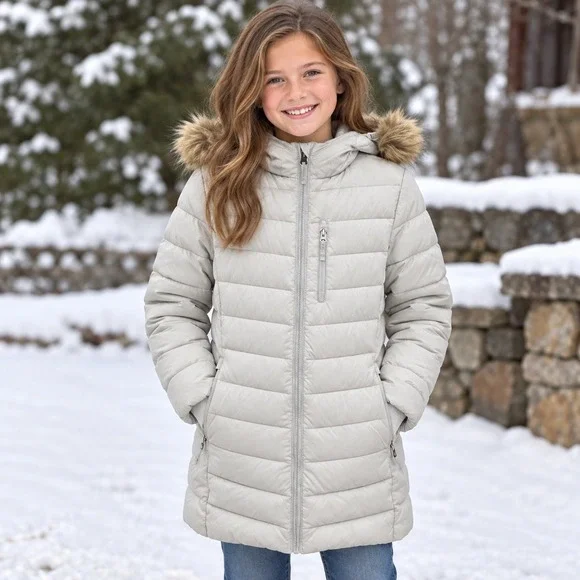 Eddie Bauer Sun Valley Down Parka 650 fill Kids M 10/12 Gray Faux Fur Hood NWOT