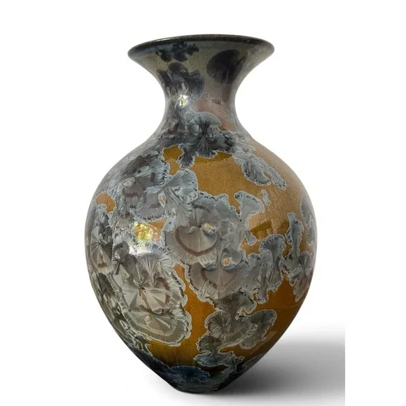 Bill Campbell Flambeaux Crystalline Vase Blue Gray Gold Brown Art Pottery 10