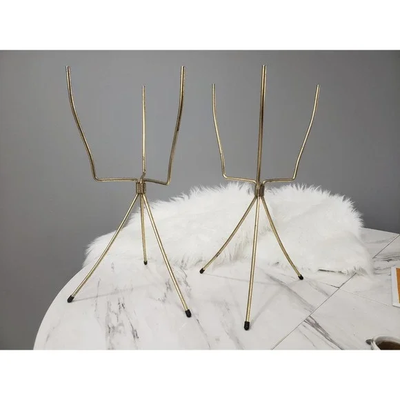 MCM Vintage Tripod Flower Plant Pot Stand Holder Metal Folding Minimalist Gold