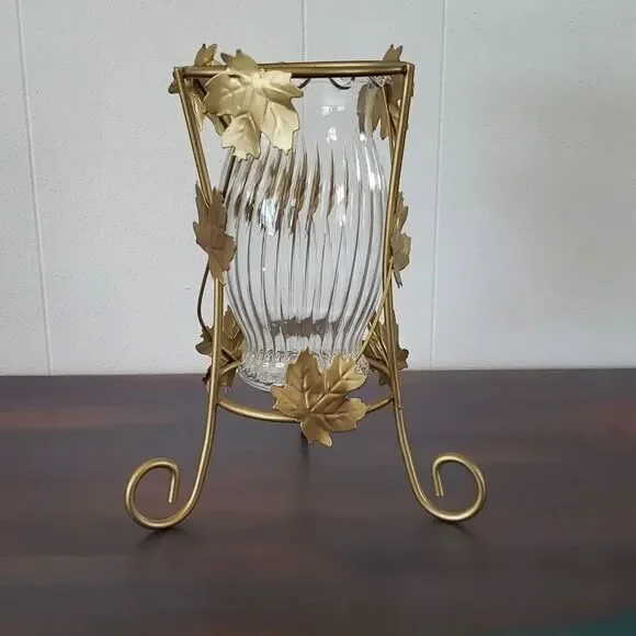 Pretty Gold Stand Leaf Design Vase/Candle Holder with Glass Container