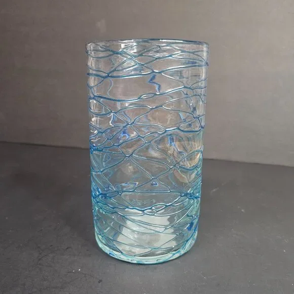 Handmade Mexican Style Glass Vase Clear with Blue Swirls 7.75