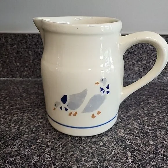 VINTAGE Friendship Pottery‎ Roseville OH Pitcher Blue Stripe & Geese Cottagecore