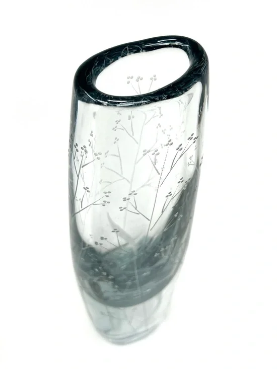 Vintage MCM Signed Strömberg Art Vase with Etched Floral Design B936 EUC