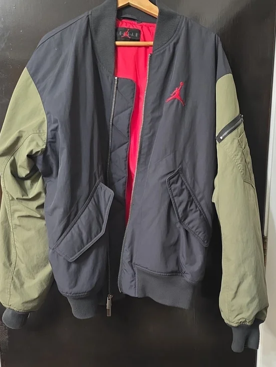 Jordan Two-Tone Bomber Jacket in Black, Olive & Red