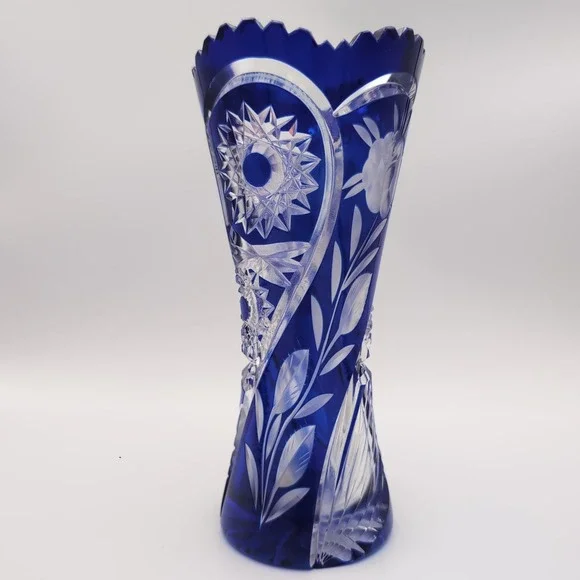 Vintage German Cobalt Blue Cut to Clear 24% Lead Crystal Rose Vase 8