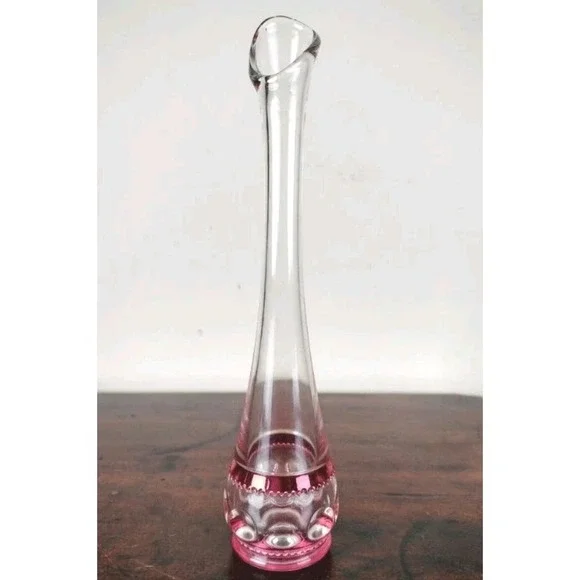 Vintage Clear & Cranberry Glass Bud Vase Thumbprint 9.5 