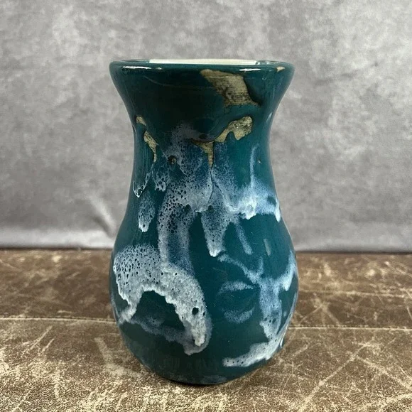 AMD Artisan Pottery Vase Small Teal Blue White Drip Glaze Coastal Decor Coastal