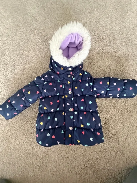 Carters Navy Heart-Print Puffer Coat with Faux Fur Hood - Kids