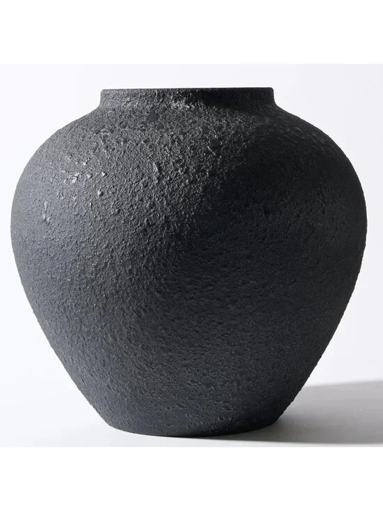 Large Black Round Big Vase Pottery Rustic Look Console Table Home Decoration