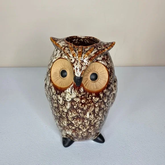 Ceramic Owl Vase Planter 8 In Brown Speckled Glazed Autumn Fall Decor Halloween