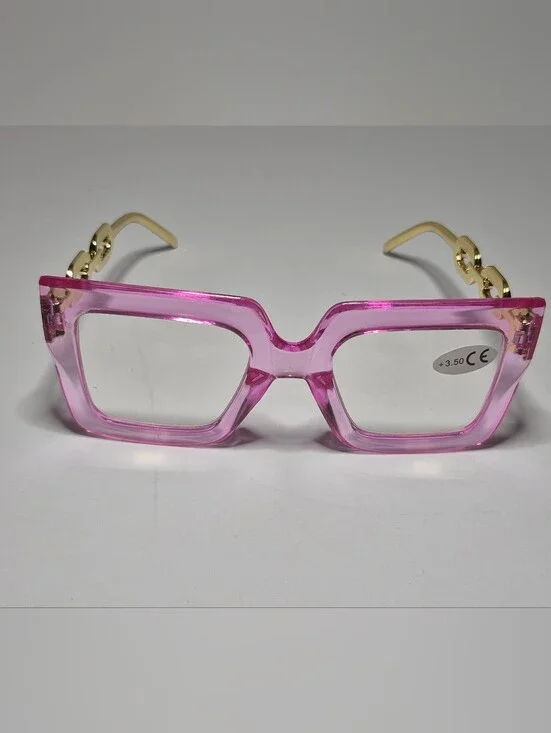 Bold Pink Square Reading Glasses with Gold Temples