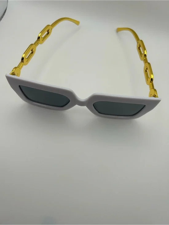 White Frame Sunglasses with Gold Chain Temples