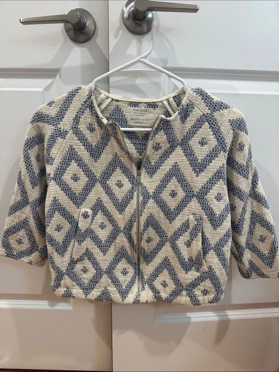 Zara Cream and Blue Diamond Zip Jacket