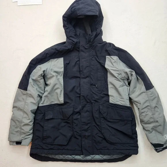 Lands' End Squall Jacket Boys L 14-16 Black Grey Excellent Fleece Lined Parka