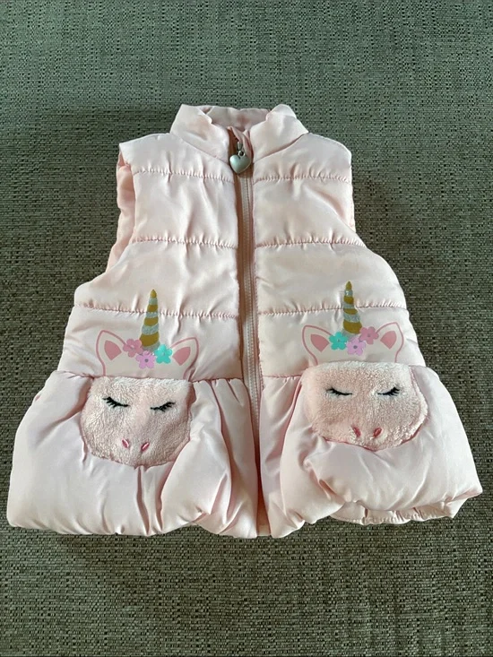 Kids Pink Unicorn Puffer Vest - 12 months