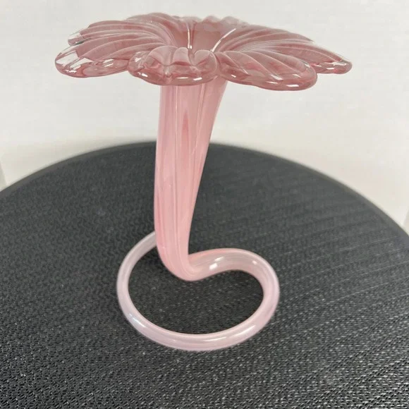 90s Pastel Pink Swirl Floral Art Glass Bud Vase Hand Blown Ruffled Flower Petals
