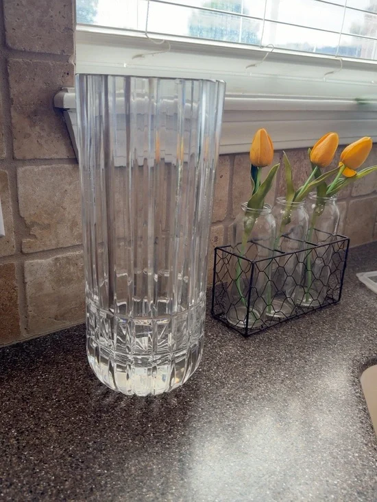 Tall Cut Crystal Glass Vase Starburst Base 12” Heavy Statement Vase