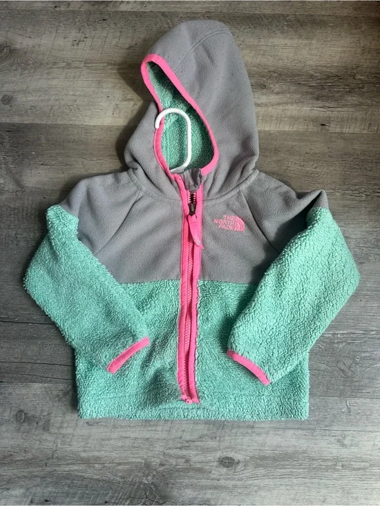 The North Face Girls Two-Tone Gray, Mint & Pink Sherpa Hoodie