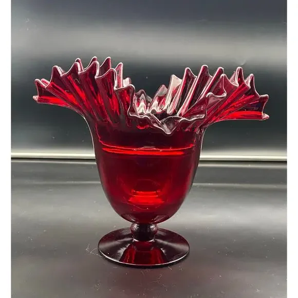 Vintage Blenko Ruby Red Crimped Edge Pedestal Vase 9