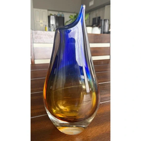 VTG Handblown Brazilian Art Glass Vase Blue & Amber Novica Brazil Collection