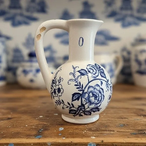Blue‎ Peony Oil Cruet, Handpainted Floral Oil Bottle, Vintage Floral Home Decor