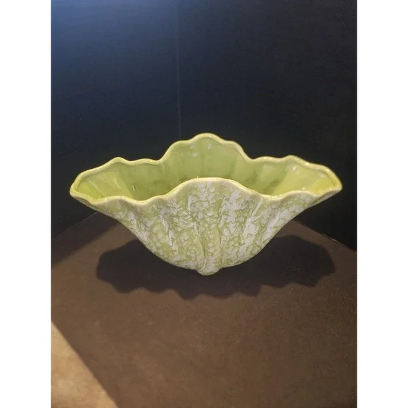 Vintage MCM Decorative Planter Dish Green White Drip Glaze 12.5