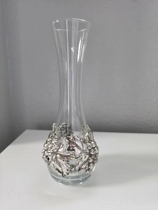 Arthur Court Clear Glass Bud Vase with Silver Grape Motif