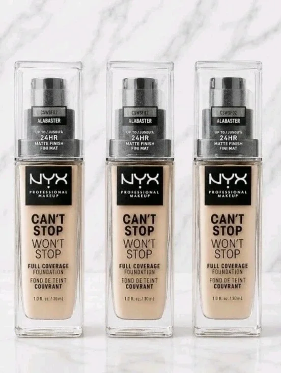 3 x NYX ALABASTER Can't Stop Won’t Stop Foundation 24 Hour Matte Finish 1oz each