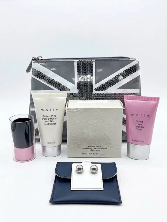 Mally Makeup Bundle with Cosmetic Pouch & Ball Post Sterling Silver Earrings