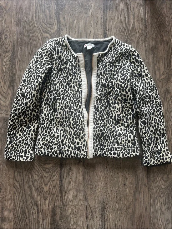 Kids Crewcuts Leopard Print Open-Front Jacket - Black & Cream - Size 6/7