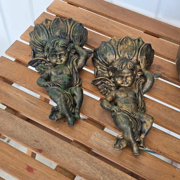 Vtg Inarco Cherub Wall Pocket Set Gold Winged Angel Planter light weight patina
