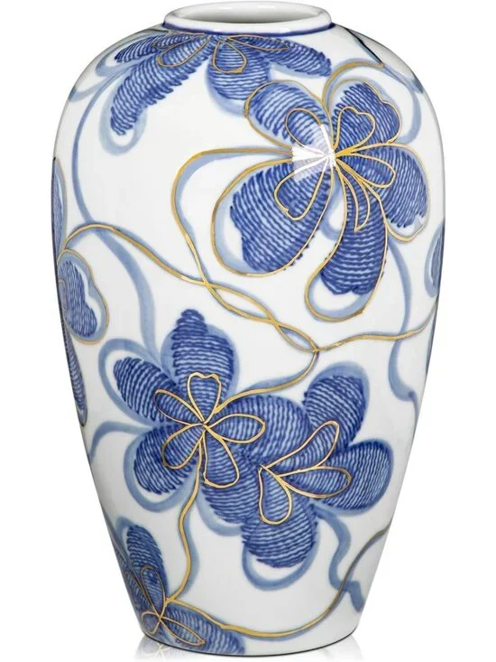 Hand-Painted Blue & White Ceramic Flower Vase with Gold Accents - 9