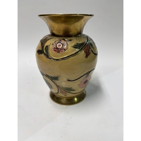 Vintage Brass Enamel Floral Vase Hand Painted India Etched Gold Tone 5