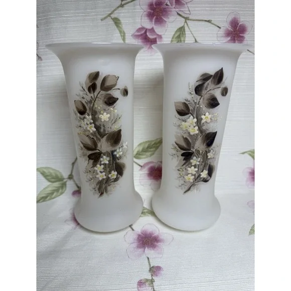 Vintage Hand Painted Milk Glass Floral Vases Set of 2 White 8