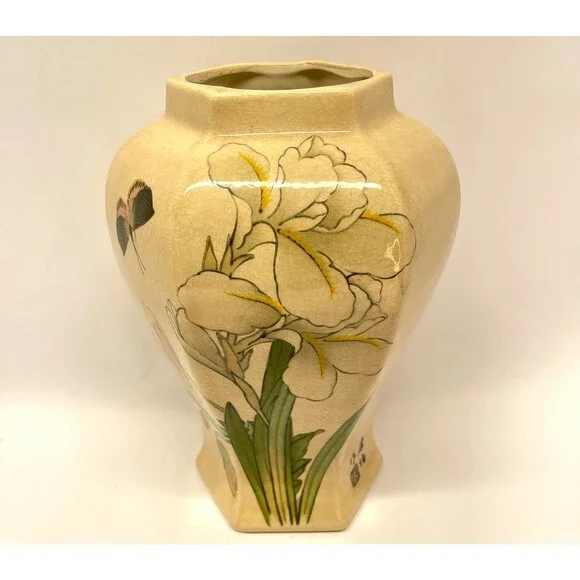 Vintage 10” Hand Decorated Iris Butterfly Ceramic Vase Signed Teri-Crazed Glaze